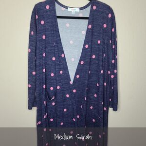 LuLaRoe Sarah Duster Cardigan Medium Polka Dots Blue Pink NEW